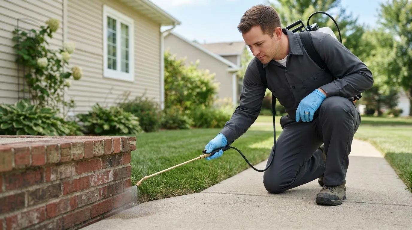 Pest control technician treating a home near Geneva, NE